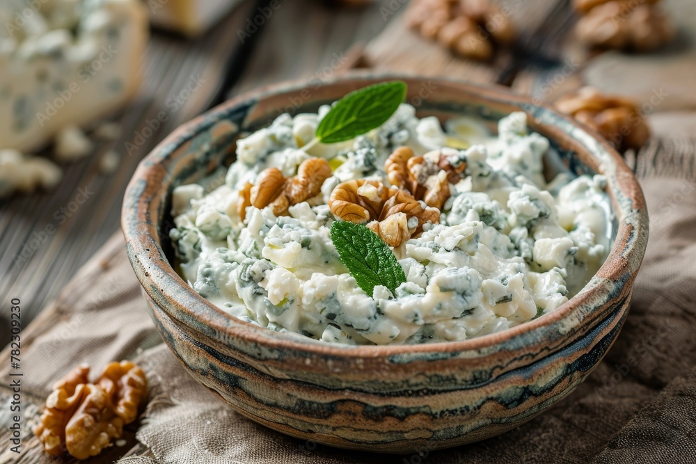 Blue cheese and walnuts in bowl selective focus Blue cheese and walnuts in bowl selective focus
