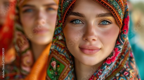 Women of Turkmenistan. Women of the World. Close-up of a woman with striking blue eyes wearing a colorful headscarf with soft focus on another person in the background #wotw