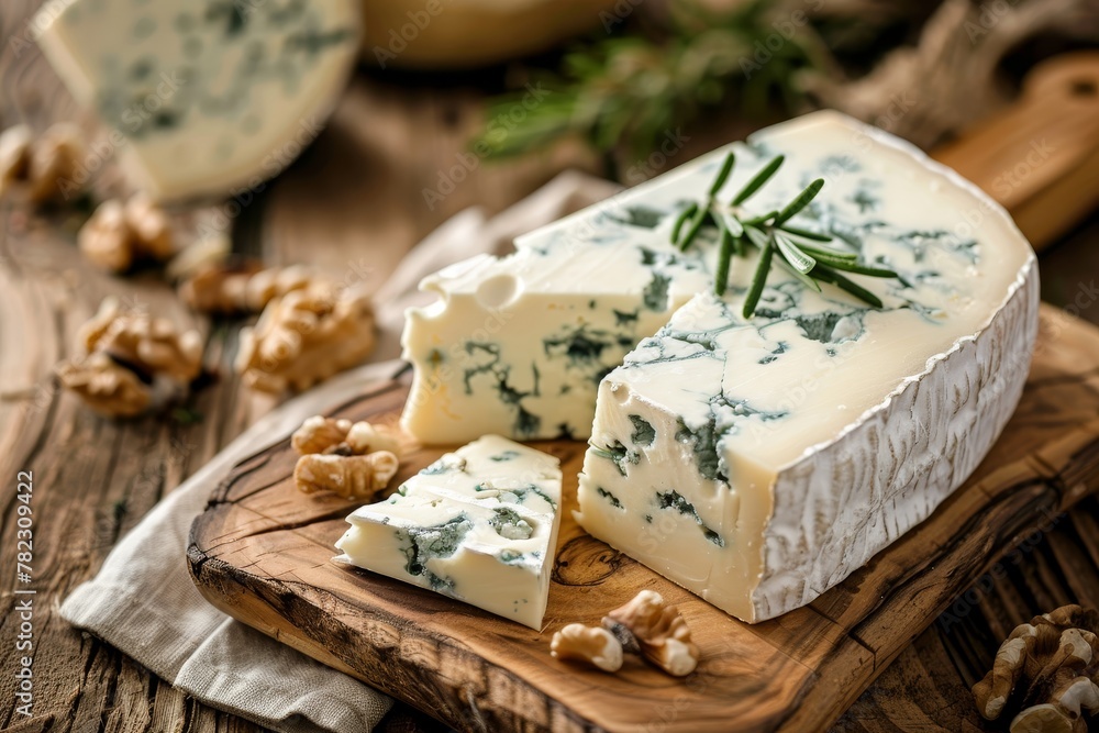 Blue cheese from Denmark on a wood platter Blue cheese from Denmark on a wood platter