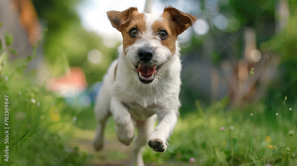 Energetic Jack Russel Parson Dog: A High-Speed Shot of a Joyful Run Towards the Camera Energetic Jack Russel Parson Dog: A High-Speed Shot of a Joyful Run Towards the Camera