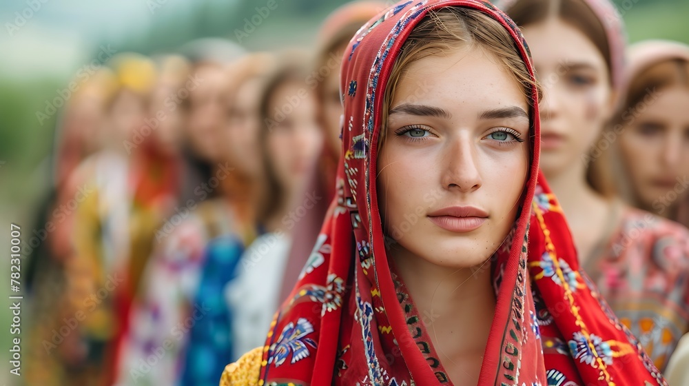 Women of Albania. Women of the World. A young woman with a patterned headscarf stands out in a crowd with a focused expression on her face.  #wotw