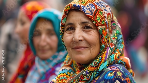Women of Algeria. Women of the World. Portrait of a smiling woman in colorful traditional headscarf with blurred people in the background.   wotw © Vivid Canvas