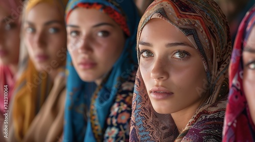 Women of Algeria. Women of the World. Portrait of young women wearing colorful headscarves, with a focus on the one in front looking directly at the camera with striking eyes. #wotw