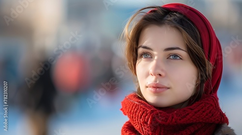 Women of Belarus. Women of the World. A young woman with a red scarf and headband gazes into the distance on a blurred wintry background. #wotw