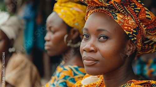 Women of Benin. Women of the World. A thoughtful woman in traditional African attire looks at the camera with a serene expression surrounded by others in similar dress. #wotw