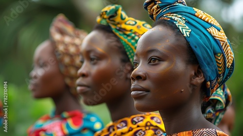 Women of Central African Republic. Women of the World. Three African women wearing colorful headscarves look into the distance with a serene expression.  #wotw photo