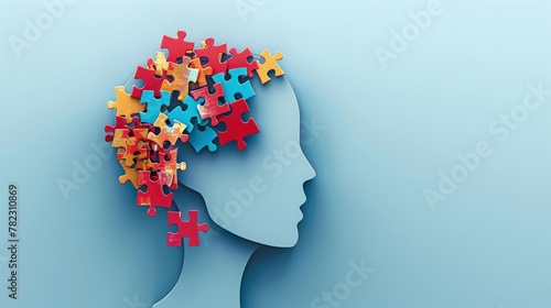 Human head in profile with colorful puzzle pieces, concept of mental health, psychotherapy, cognitive psychology, mental and brain illness. © Deivison