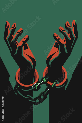 Illustration depicting hands in shackles against a somber background, invoking the history of african slavery