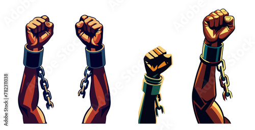 Illustration of powerful hands breaking chains in a symbolic gesture of protest and emancipation