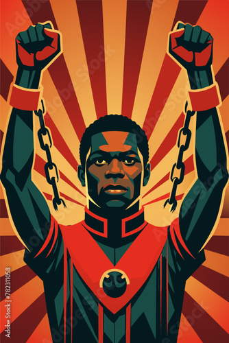 Pride african man with breaking chains, symbolizing liberation from slavery for black history month or juneteenth. African poster with raised fists and gesture of freedom