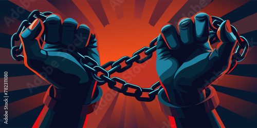 Symbolic representation of hands breaking free from shackles on a vibrant yellow backdrop, depicting freedom