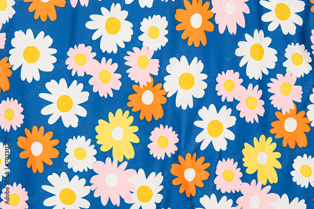A blue and yellow floral print with a lot of flowers. The flowers are in different colors and sizes A blue and yellow floral print with a lot of flowers. The flowers are in different colors and sizes