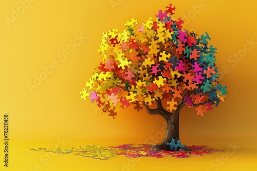 Tree with colorful puzzle pieces  yellow background  Autism Awareness Day.