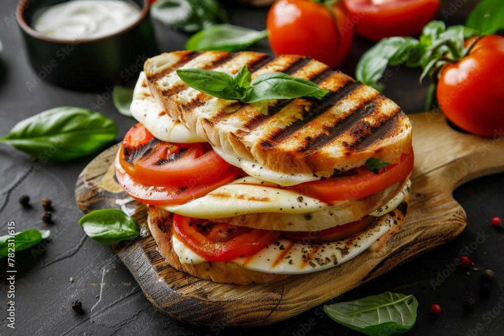 Caprese Panini with tomato mozzarella basil Great for breakfast or snack Clean eating vegan Top view Caprese Panini with tomato mozzarella basil Great for breakfast or snack Clean eating vegan Top view