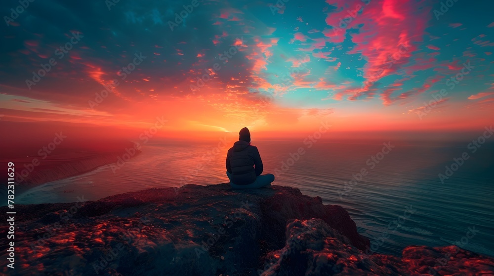 A person sitting on the edge of the world,gazing out over a vibrant and boundless horizon,a feeling of freedom,peace,and endless possibilities