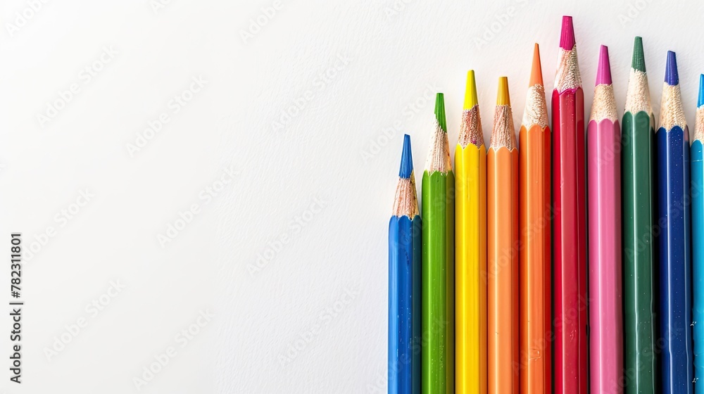 colorful pencils arranged in a rainbow sequence on a clean white surface, ideal for school supplies, artistic endeavors, and creative design elements. colorful pencils arranged in a rainbow sequence on a clean white surface, ideal for school supplies, artistic endeavors, and creative design elements.