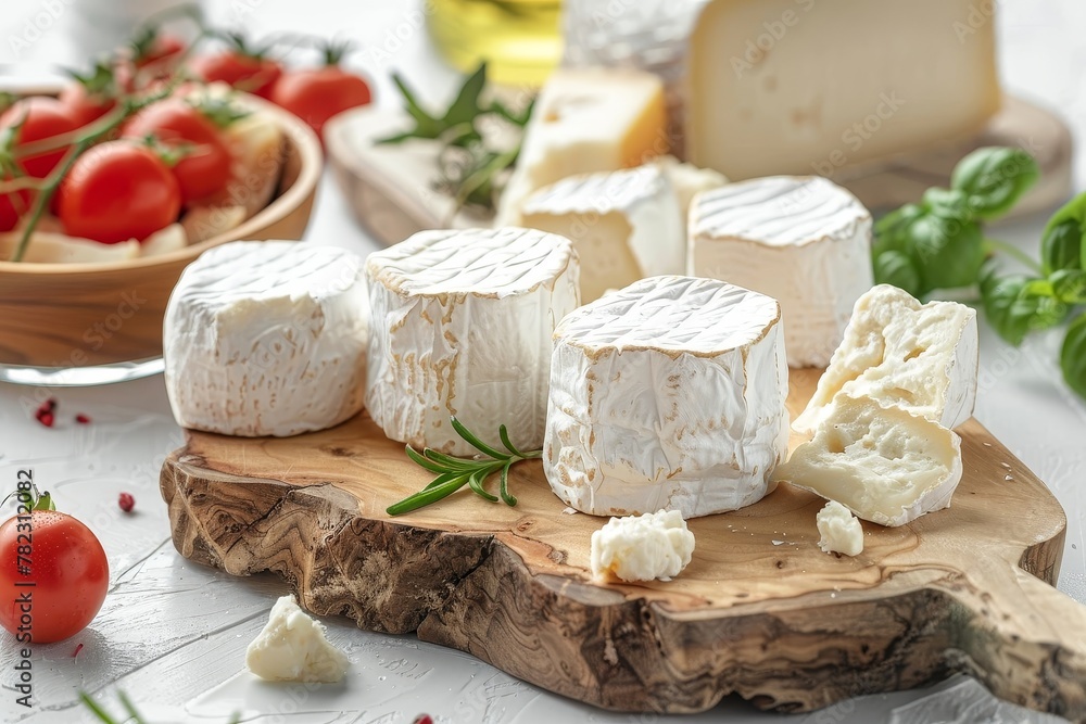 Cheese platter with goat cheese on wooden board and bright background