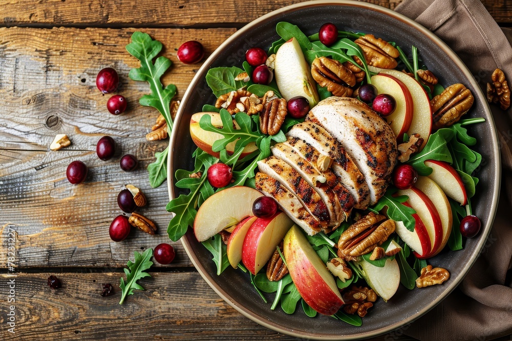 Chicken apple nut and cranberry salad on wood background Chicken apple nut and cranberry salad on wood background
