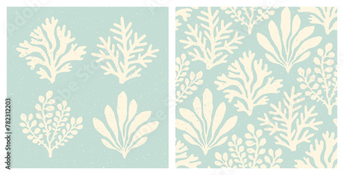 Coral reef and seaweed isolated prints and seamless pattern. Pastel blue underwater sea life summer holiday background.