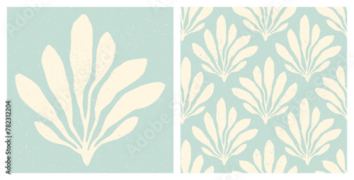 Seaweed cut out print and seamless pattern. Underwater sea life pastel blue and cream summer holiday coastal background.