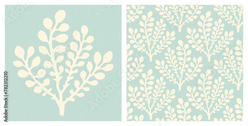 Seaweed print and seamless speckled pattern. Underwater sea life, algae pastel blue vintage summer holiday background.