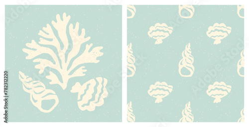Coral and shells seamless pattern. Underwater sea shells pastel blue textured vintage summer holiday print, background.