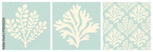 Pastel blue coral reef and seaweed print and seamless textured pattern. Underwater sea life summer holiday background.