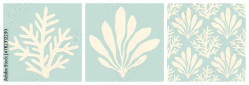 Pastel blue coral reef and seaweed print and seamless coastal pattern. Underwater sea life summer holiday background.