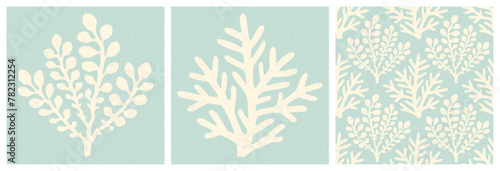 Coral reef and seaweed print and seamless textured pattern. Underwater sea life pastel blue summer holiday background.