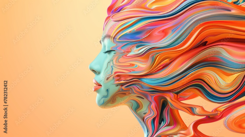 Modern abstract indigenous art. On the side, the face of a young woman and colorful wavy energy or liquid like hair. Soft orange background. - obrazy, fototapety, plakaty 