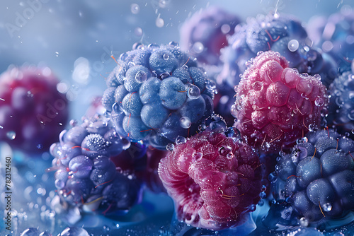 blue raspberies on blue background. fresh berries with condensation 