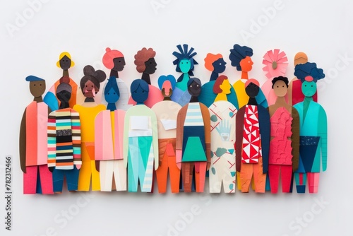 A group of diverse, colorful paper cutouts representing people on white background Generative AI