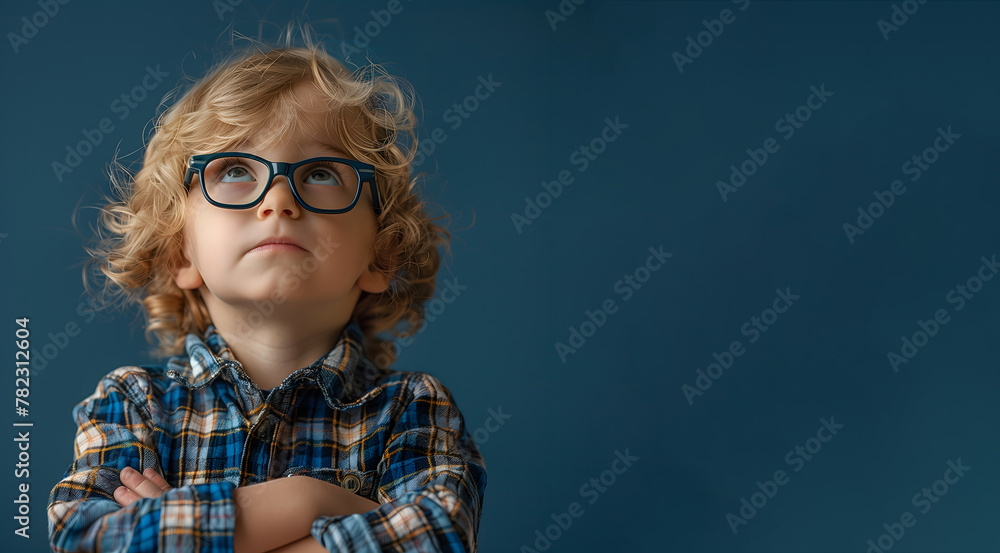 Curious little boy with glasses looking up Curious little boy with glasses looking up