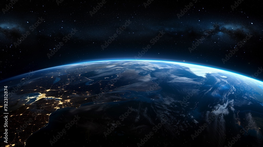 Obraz premium Blue space background with earth and galaxy. Abstract wallpaper with planetary glow. Science and education in outer space