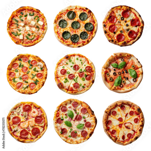 Assorted pizzas on transparent