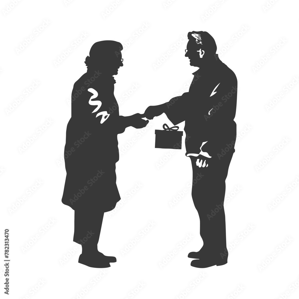 Silhouette elderly couple exchanging gifts black color only