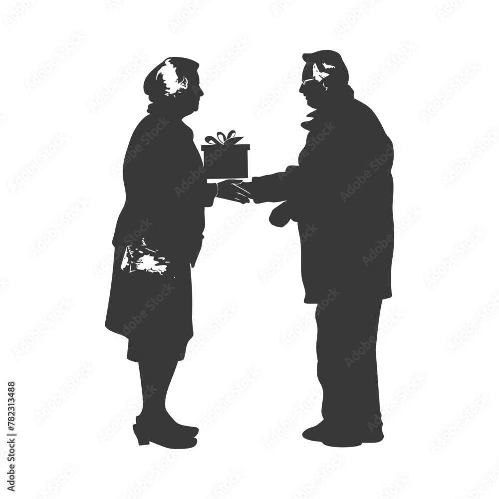 Silhouette elderly couple exchanging gifts black color only
