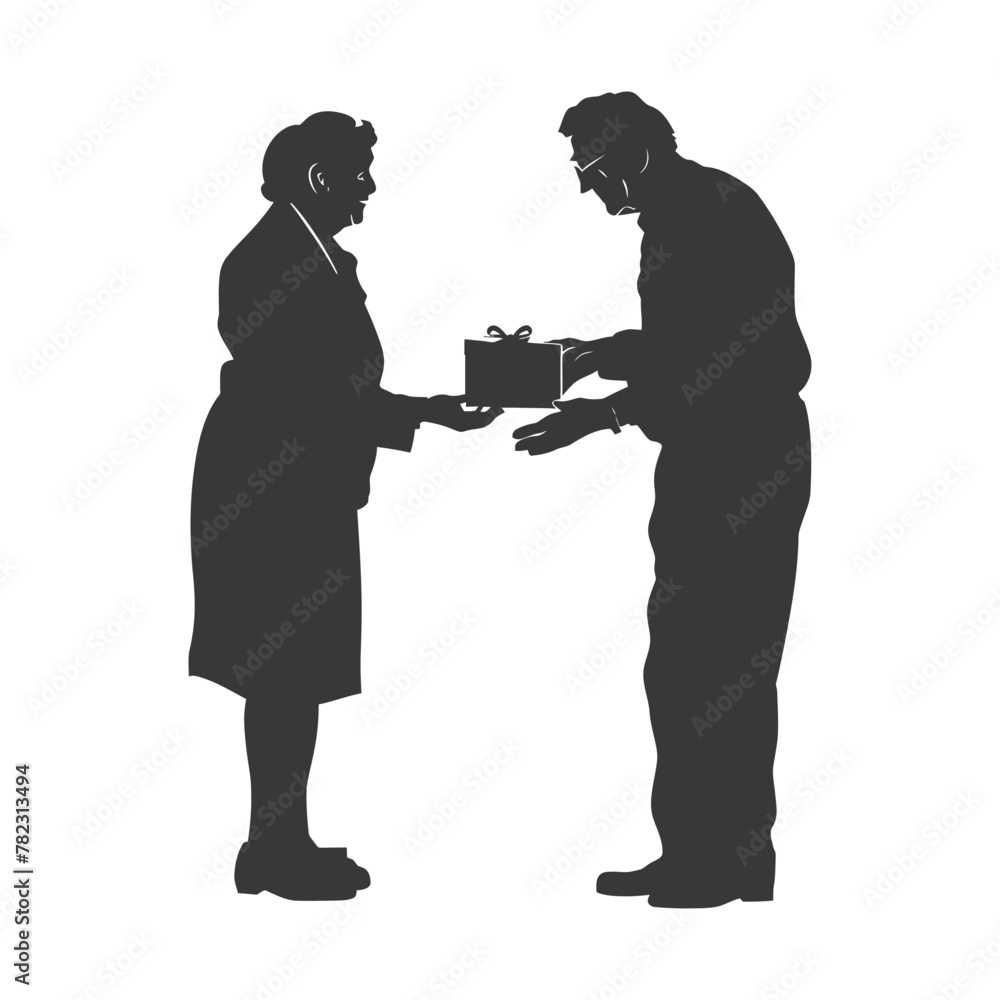 Silhouette elderly couple exchanging gifts black color only