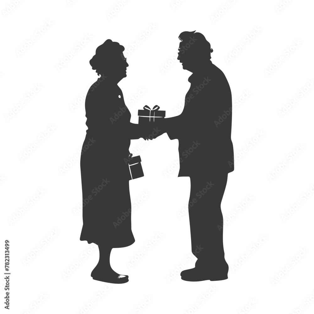 Silhouette elderly couple exchanging gifts black color only