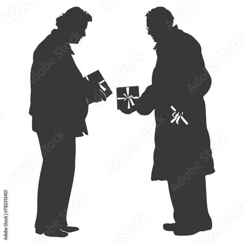 Silhouette elderly couple exchanging gifts black color only