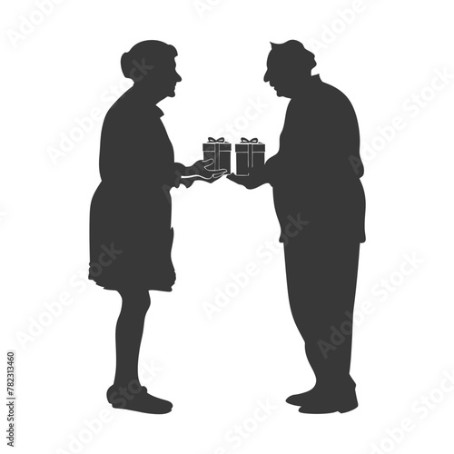 Silhouette elderly couple exchanging gifts black color only