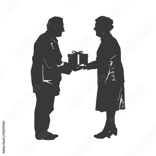 Silhouette elderly couple exchanging gifts black color only
