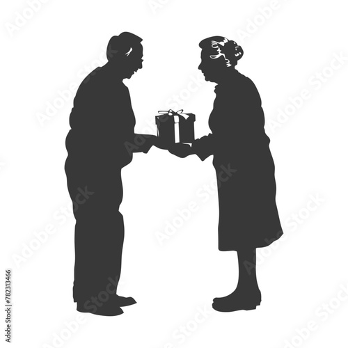 Silhouette elderly couple exchanging gifts black color only