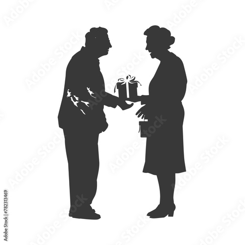 Silhouette elderly couple exchanging gifts black color only