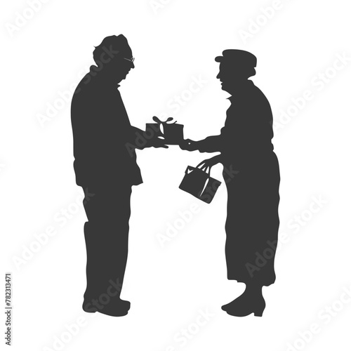 Silhouette elderly couple exchanging gifts black color only