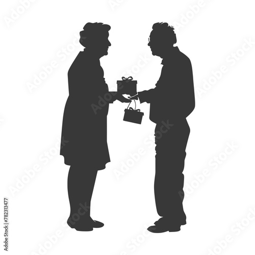 Silhouette elderly couple exchanging gifts black color only