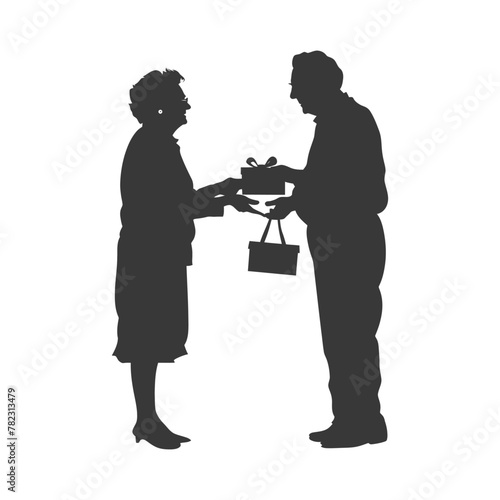 Silhouette elderly couple exchanging gifts black color only
