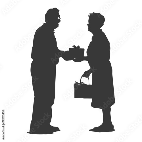 Silhouette elderly couple exchanging gifts black color only