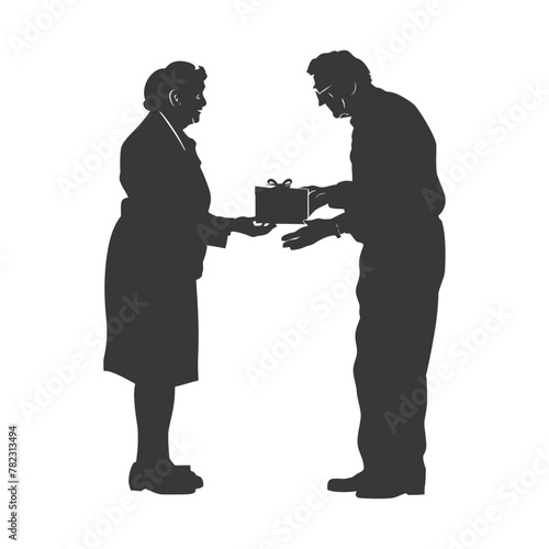Silhouette elderly couple exchanging gifts black color only