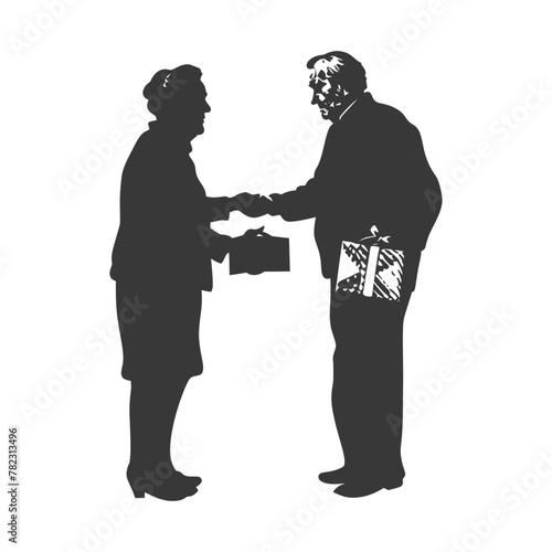 Silhouette elderly couple exchanging gifts black color only